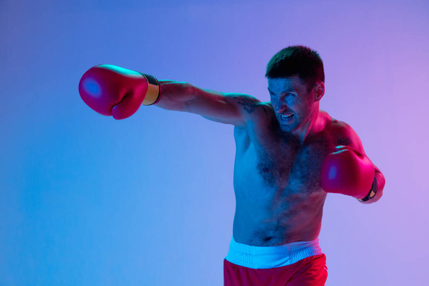 Caucasian man, professional boxer in sportwear boxing on studio background in gradient neon light. Concept of sport, activity, movement, wellbeing. - Foto, immagini