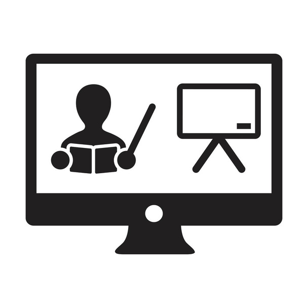 Online μάθηση εικονίδιο διάνυσμα σύμβολο δάσκαλος με οθόνη υπολογιστή και λευκό πίνακα για την online τάξη της εκπαίδευσης σε μια εικόνα εικονόγραμμα glyph - Διάνυσμα, εικόνα