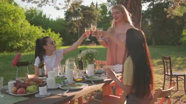 Zeitlupenaufnahme von drei schönen jungen Frauen, die den Abend zusammen beim Abendessen im Freien verbringen und Gläser mit Wein klappern - Filmmaterial, Video
