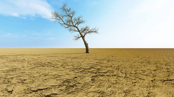 Koncepcionális vagy koncepcionális sivatagi táj kiszáradt fával a globális felmelegedés és éghajlatváltozás metaforájaként. Figyelmeztetés környezetünk védelmének szükségességére és a jövőbeli 3D-s illusztrációra - Fotó, kép