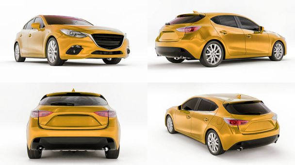 3D ilustrace. Žluté městské auto s prázdným povrchem pro váš kreativní design. 3D vykreslování - Fotografie, Obrázek