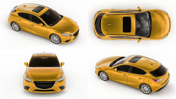 3D ilustrace. Žluté městské auto s prázdným povrchem pro váš kreativní design. 3D vykreslování - Fotografie, Obrázek