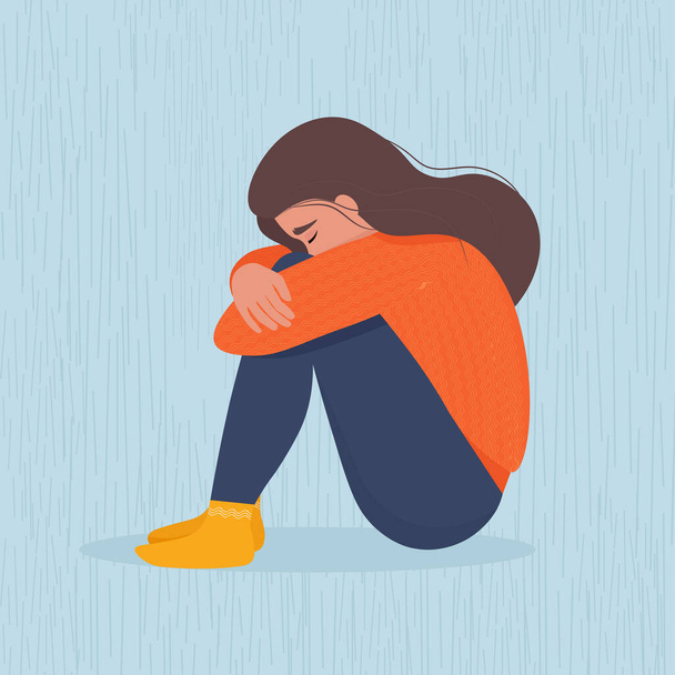 Surullinen masentunut nainen istuu halaamassa polviaan. Vektorin kuvitus litteään tyyliin - Vektori, kuva
