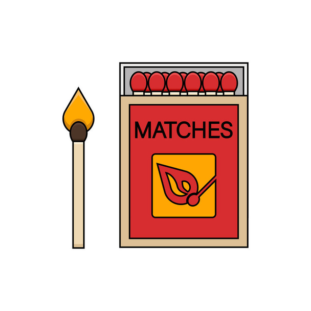 Matches. Burning match with fire, opened matchbox. Vector illustration isolated on white background in monoline style - Vettoriali, immagini