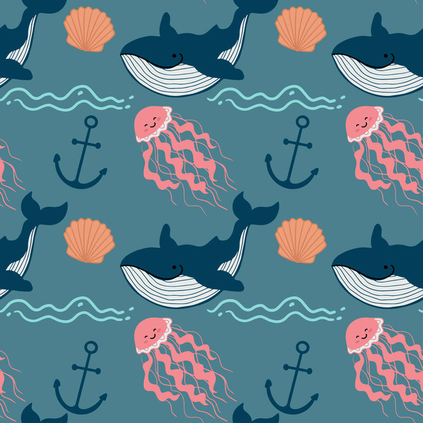 Patrón marino sin costuras con linda ballena azul, medusas, olas, ancla. Ilustración vectorial en estilo escandinavo simple - Vector, imagen