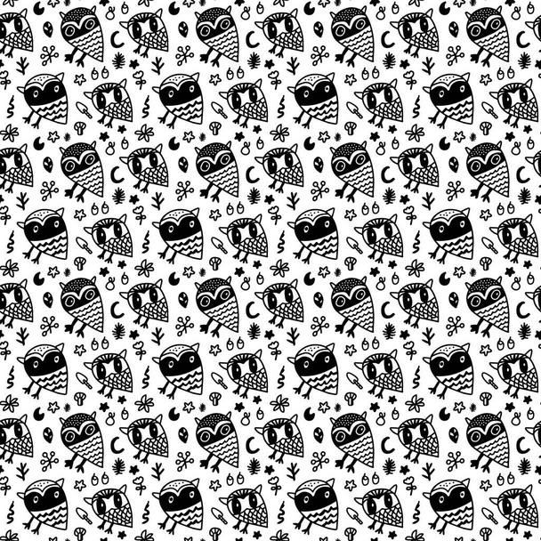 Owl nocturnal animals snakes hand drawn seamless pattern in cartoon comic style black white - Vector, imagen