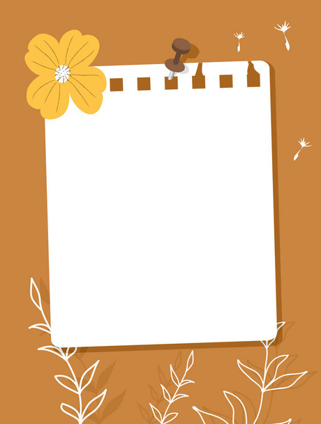 A sheet of notebook paper pinned to the wall. Note paper, yellow flower, flowers outlines on a orange background. Vector illustration, flat style. - Wektor, obraz