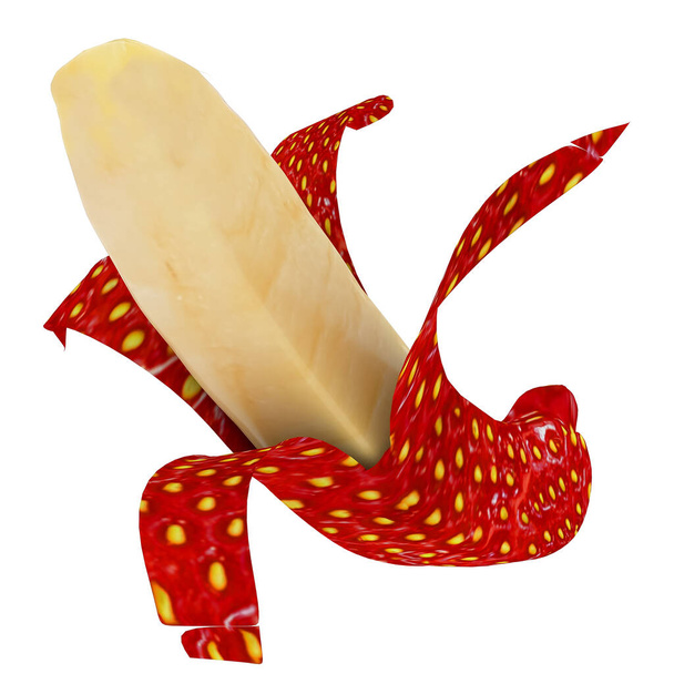 遺伝子組み換え食品果物バナナイチゴの組み合わせ- 3Dレンダリング - 写真・画像