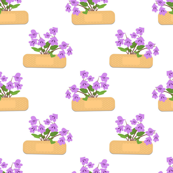 Απρόσκοπτη μοτίβο με αυτοκόλλητα και μοβ λουλούδια. Ιατρικό έμπλαστρο. - Διάνυσμα, εικόνα