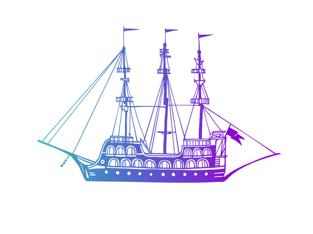 Eski bir zevk gemisi, denizde eski bir tekne. Korsan yelkenlisi. El çizimi eskiz. Çizgi çalışması. Beyaz arkaplanda renkli vektör illüstrasyonu. - Vektör, Görsel