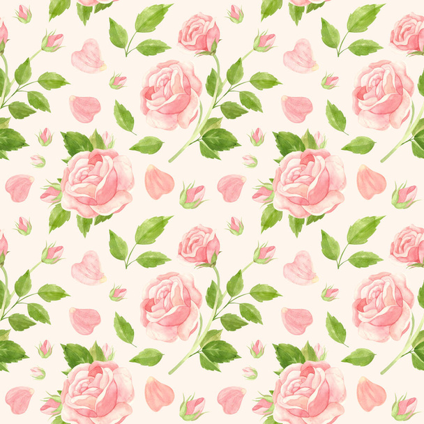 Red roses seamless pattern. Flowers, buds and rose petals. Floral pattern on pink background, vintage style. Watercolor clipart. - Photo, image