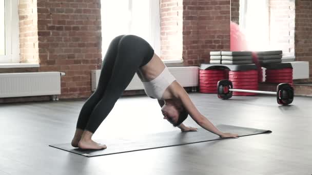 chica haciendo ejercicios de yoga, de pie en la postura hacia abajo perro asana, bakasana - Metraje, vídeo