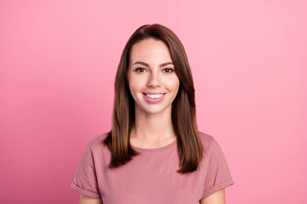 Photo of young cheerful woman happy positive smile toothy ceramic oral cavity isolated over pink color background - Foto, Imagen