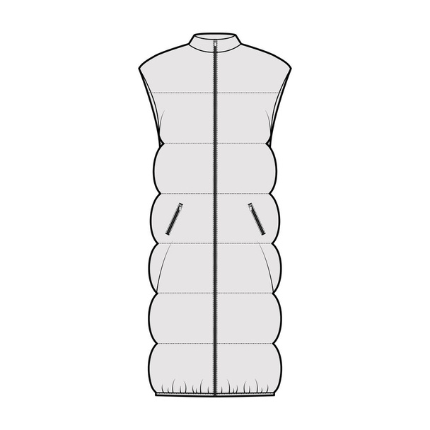Down vest puffer waistcoat technical fashion illustration with sleeveless, stand collar, knee length, wide quilting - Vector, Image