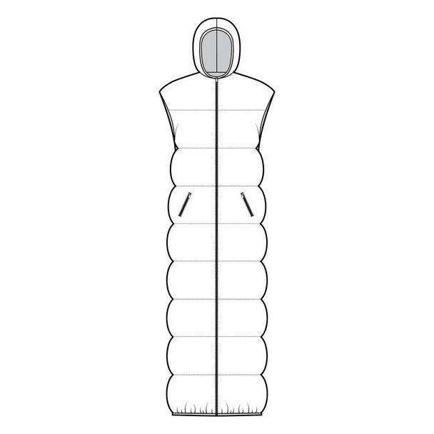 Dolní vesta nafukovací vesta technická módní ilustrace s rukávem bez rukávů, mikina límec, zip-up uzávěr, maxi délka - Vektor, obrázek