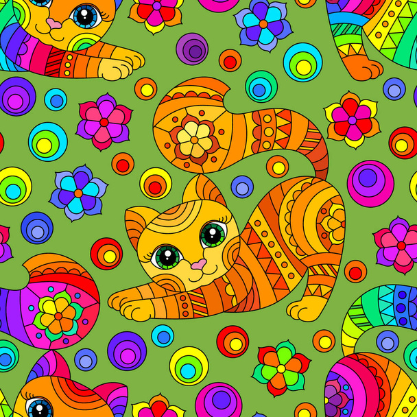 Seamless pattern with bright cats and flowers in stained glass style on a green background - Vector, imagen