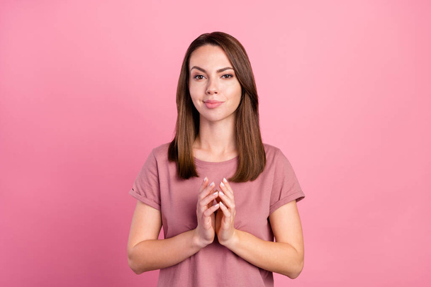Photo of doubtful funny young woman dressed casual clothes arms together smiling isolated pink color background - Photo, image
