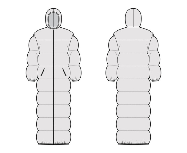 З капюшоном пуф стьобана оболонка вниз куртка технічної моди ілюстрація з довгими рукавами, закриттям блискавки, негабаритні
 - Вектор, зображення