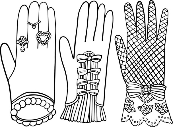 WebRůzné rukavice s třásněmi a kroužky, síťovina, s luky a volánky pro koncept dětské a dospělé omalovánky. Vektorové ilustrace na bílém pozadí. - Vektor, obrázek