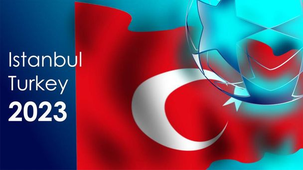 Liga de Campeones 2023. Final. Pelota de fútbol en el fondo de la bandera de Turquía. Banner sobre el tema del fútbol. - Foto, imagen