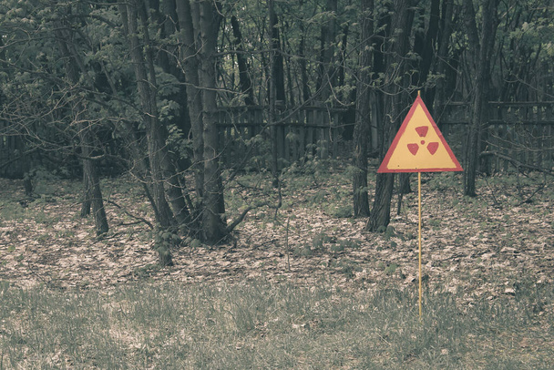 Red-yellow radiation sign on a lawn. Exclusion Zone. Chernobyl, Pripyat - Fotoğraf, Görsel