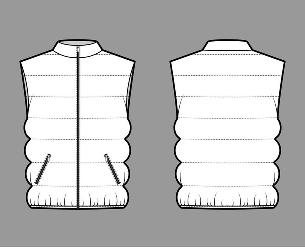 Down γιλέκο puffer γιλέκο τεχνική εικόνα μόδας με stand collar, zip-up κλείσιμο, oversized, κλασικό παπλώματος - Διάνυσμα, εικόνα