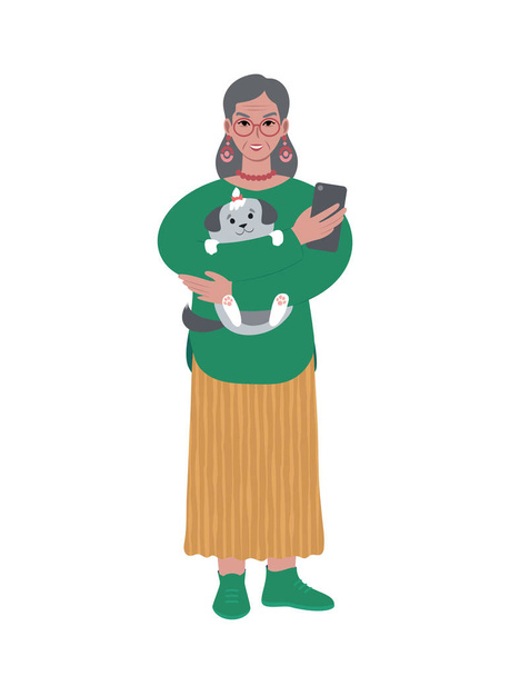 Senior Kaukasische moderne vrouw met huisdier hond en mobiele telefoon. - Vector, afbeelding