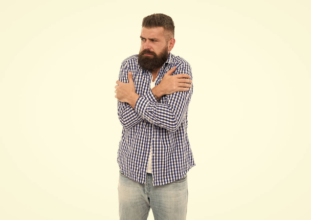 need to warm up. brutal bearded hipster in checkered shirt. mature man feel cold. guy with beard - Foto, Bild
