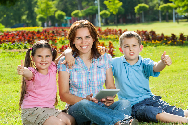 草の上に横たわるラップトップを使用して幸せな家族 - 写真・画像