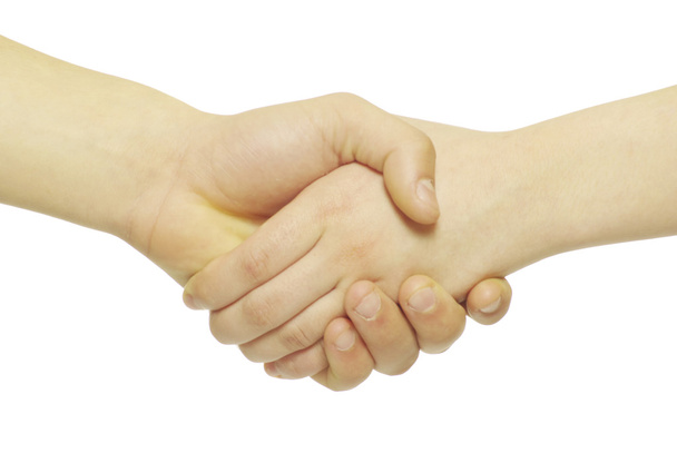 Closeup of two men shaking hands isolated over white - Zdjęcie, obraz