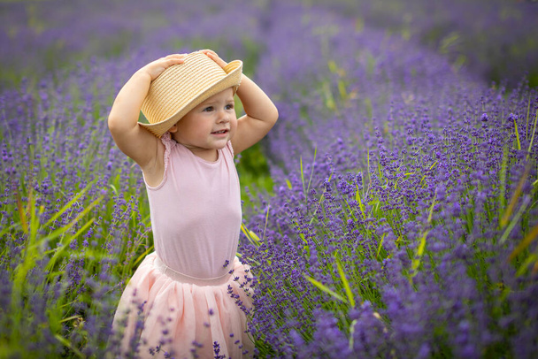 Smiling baby girl in pink dress in a lavender field, Czech republic - Fotoğraf, Görsel