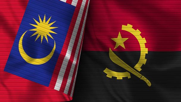 Illustration 3D de texture de tissu de drapeau réaliste d'Angola et de Malaisie - Photo, image