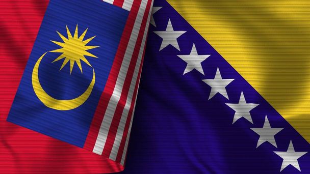 Bosnia ja Hertsegovina ja Malesia Realistinen lippu kangas rakenne 3D kuvitus - Valokuva, kuva