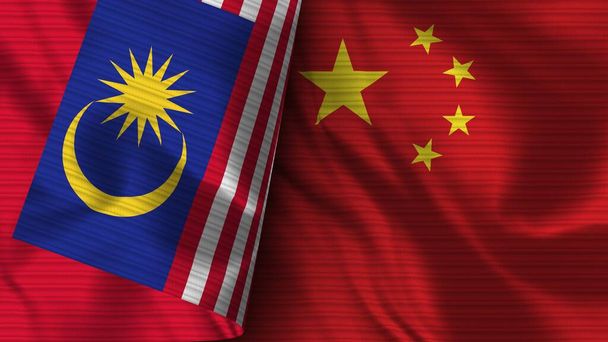 China and Malaysia Realistic Flag  Fabric Texture 3D Illustration - Фото, зображення