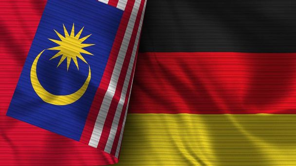 Saksa ja Malesia Realistinen lippu kangas rakenne 3D kuvitus - Valokuva, kuva