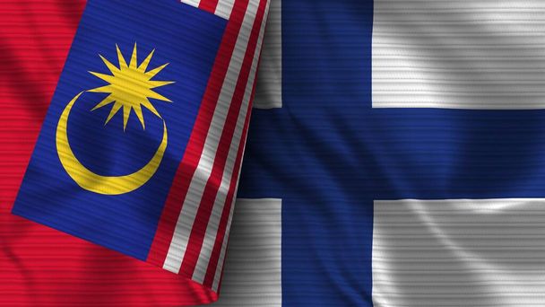 Finlândia e Malásia Realista Bandeira Tecido Textura Ilustração 3D - Foto, Imagem