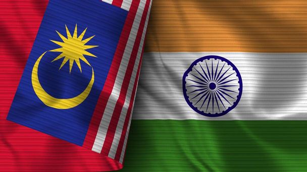 India and Malaysia Realistic Flag  Fabric Texture 3D Illustration - Foto, afbeelding