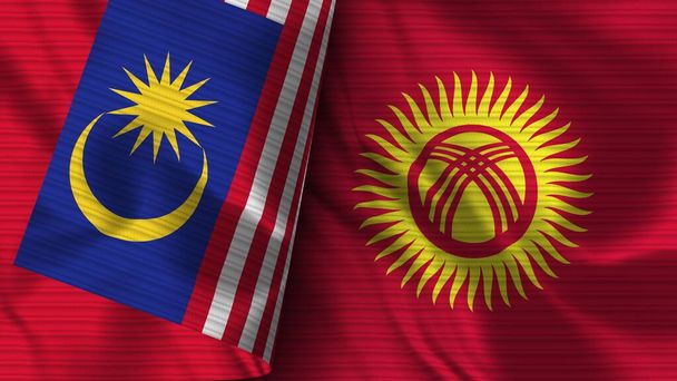 Kirgisia ja Malesia Realistinen lippu kangas rakenne 3D kuvitus - Valokuva, kuva
