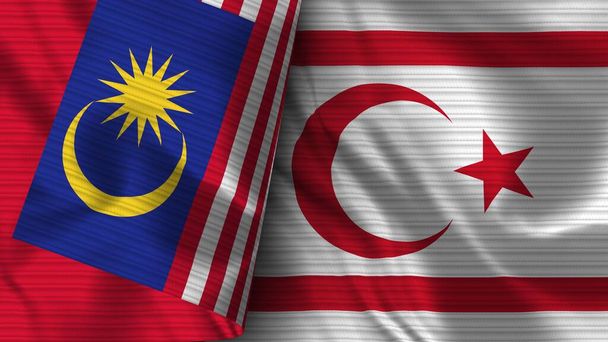 Turecka Republika Cypru Północnego i Malezja Rzeczywista flaga Tekstura tkaniny 3D Ilustracja - Zdjęcie, obraz
