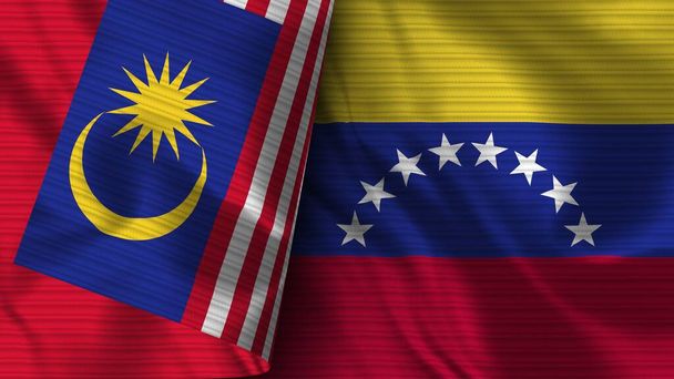 Venezuela and Malaysia Realistic Flag  Fabric Texture 3D Illustration - Foto, Imagen