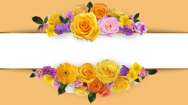 Yellow roses border frame. Pink flowers banner in Yellow background. Spring or summer flowers for invitation, wedding, greeting cards,,Birthday and baby cards,invitation,lettering - Φωτογραφία, εικόνα