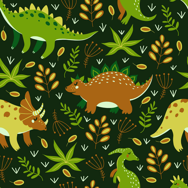 Roztomilý kreslený dinosauři hladký vektorový vzor. Barevní plazi z Jurského období procházejí deštným pralesem a jedí trávu. Ručně kreslené čmáranice. Plochý. Dětský potisk pro design a textil. - Vektor, obrázek