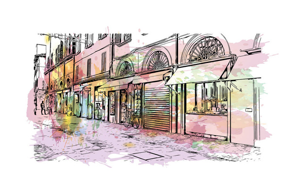 Print Building view with landmark of Imola is the city in Italy. Watercolor splash with hand drawn sketch illustration in vector. - Vector, Image