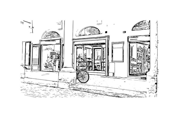 Blick auf das Gebäude mit dem Wahrzeichen von Imola ist die Stadt in Italien. Handgezeichnete Skizzenillustration im Vektor. - Vektor, Bild