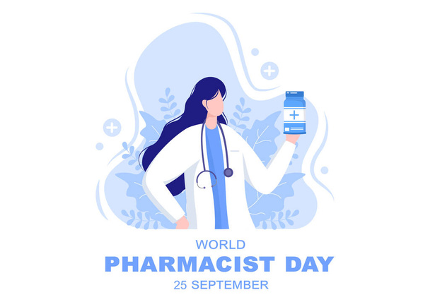 9月25日に開催される世界薬剤師の日。医者、医学および丸薬の概念。背景、バナー、ポスターランディングページのベクターイラスト - ベクター画像