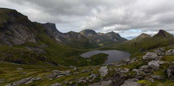 The beautiful view of mountains and lake. Lofoten Islands, Norway. - Foto, Bild