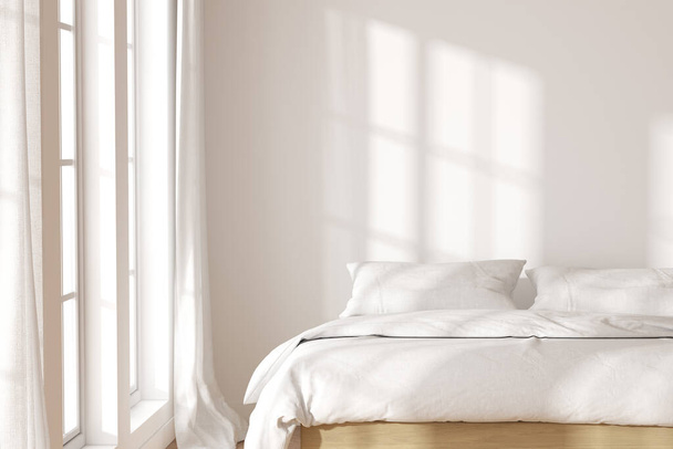 Representación 3D del dormitorio con suelo de madera y luz del sol proyectan sombra en la cama blanca. - Foto, Imagen