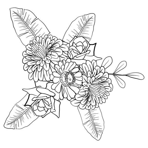 美しい葉花のフレームテキストモノクロのイラストでエレガントな花と葉を持つディバイダー。あなたの結婚式、誕生日招待状、またはあなたのデザインのテキスト開発者、フレームと装飾のいずれかの種類に使用することができます. - ベクター画像