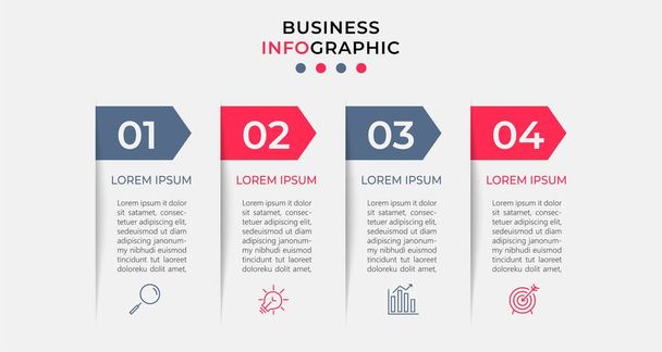 Minimális Business Infographics sablon. Idővonal 4 lépéssel, opciókkal és marketing ikonokkal.Vektor lineáris infografika két körrel összeállított elemekkel. Bemutatásra felhasználható.. - Vektor, kép