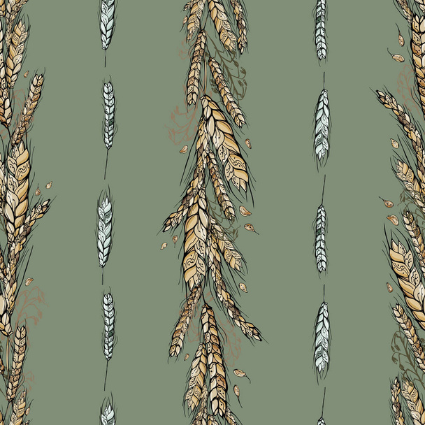  Seamless pattern with wheat garlands on olive background. Vector illustration for fashion, custom design, reprints - Vetor, Imagem